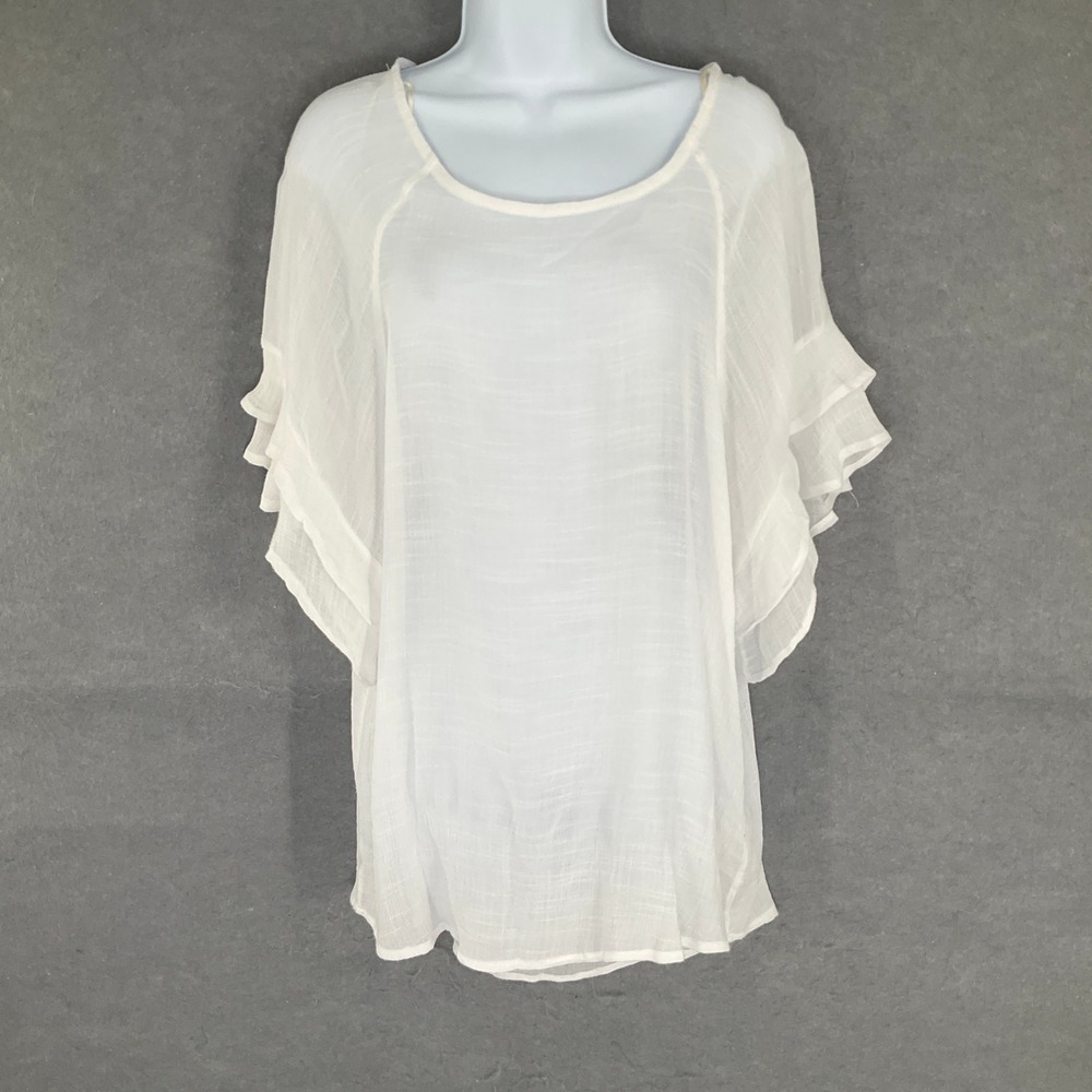 Umgee Tunic Top Womens Sz L White Ruffle Sleeve Gauze Semi Sheer Bohemian USA
